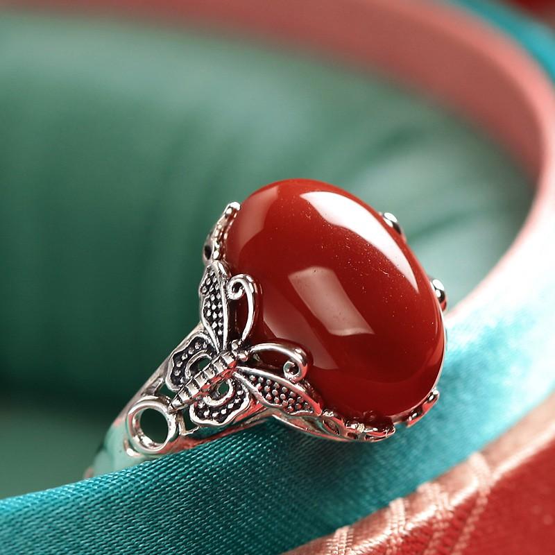 Adjustable Sterling Butterfly Ring With Natural Red Agate Inlay Vintage Oxidized Finish Unisex Statement Jewelry