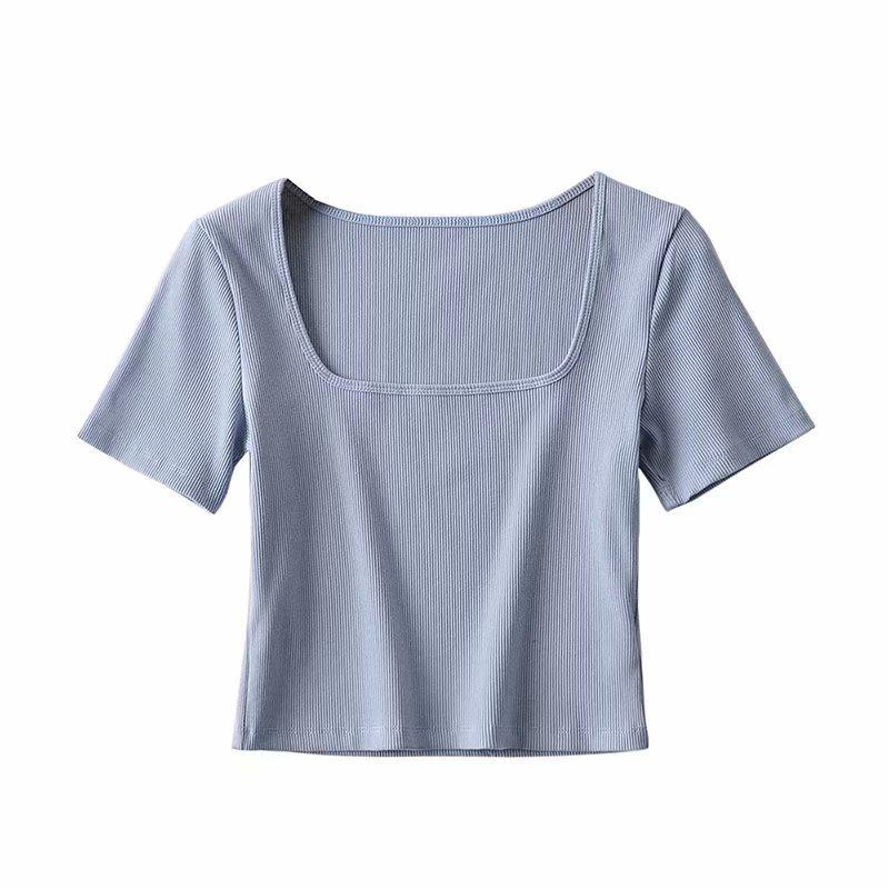 Women's European & American Style Crop Top: Generous Neckline, Tight Short Sleeves, Elastic, Sports Fitness Base Layer T-Shirt.