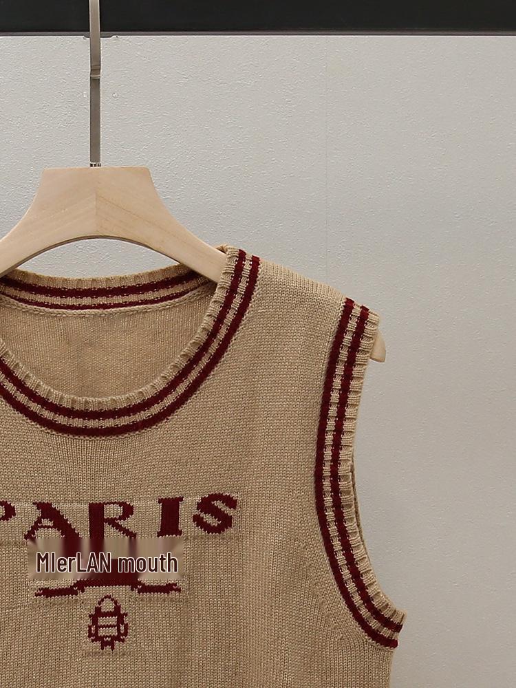 High-End Damen Herbst Retro Farbblock Ärmellose Strickweste