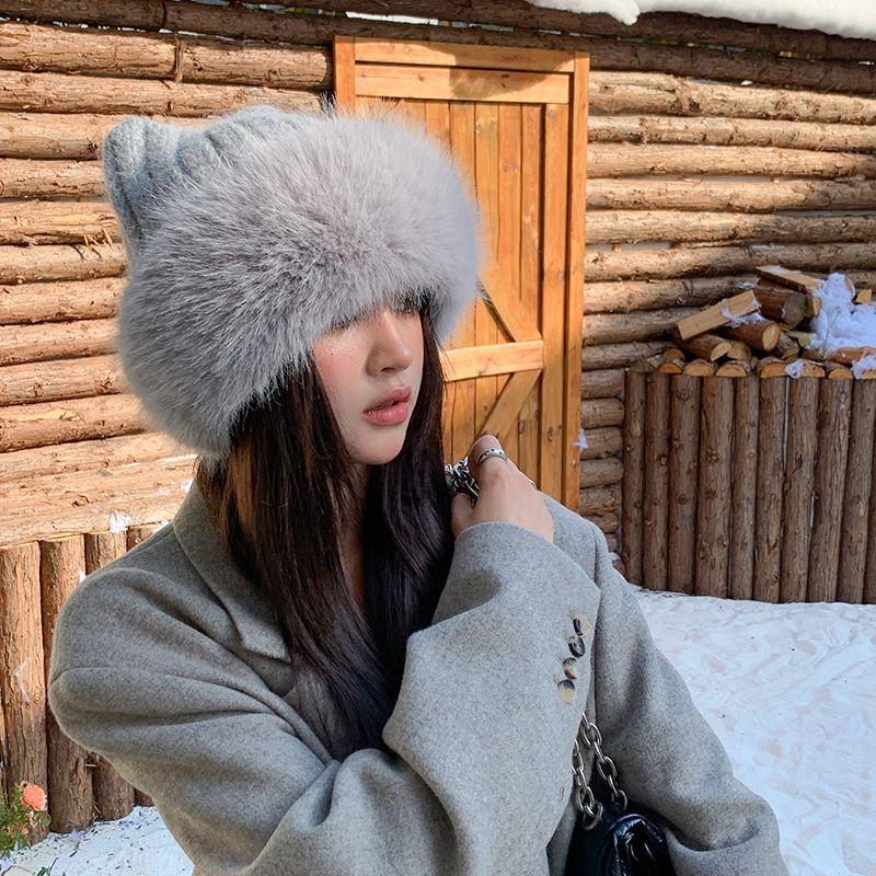 Fashionable and Adorable Cat Ear Hat Autumn Winter Versatile Knitted Hat Thickened Large Circumference Women's Plush Hat