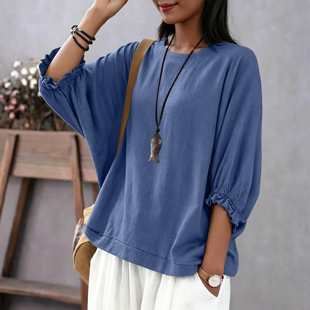 Damen Freizeit Bluse Lockere Passform Laternenärmel Rundhalsausschnitt Oberteil Leichter Bequemer Stoff Stilvolles Design für den Alltag