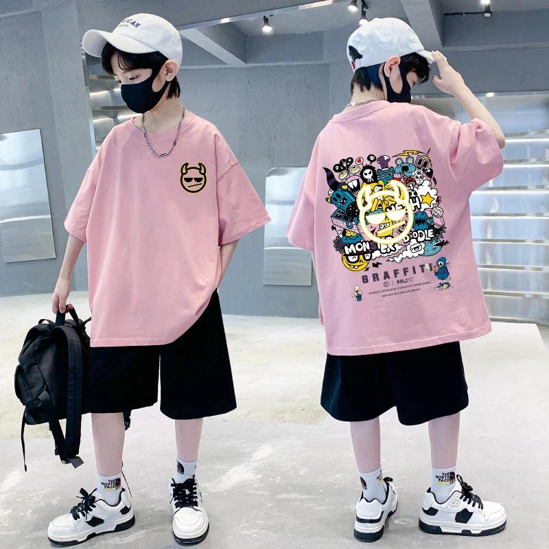 Kids Clothes Boy Pure Hip-hop Street Graffiti Print T-shirt Oversized Short Sleeves Children's Clothing 2026