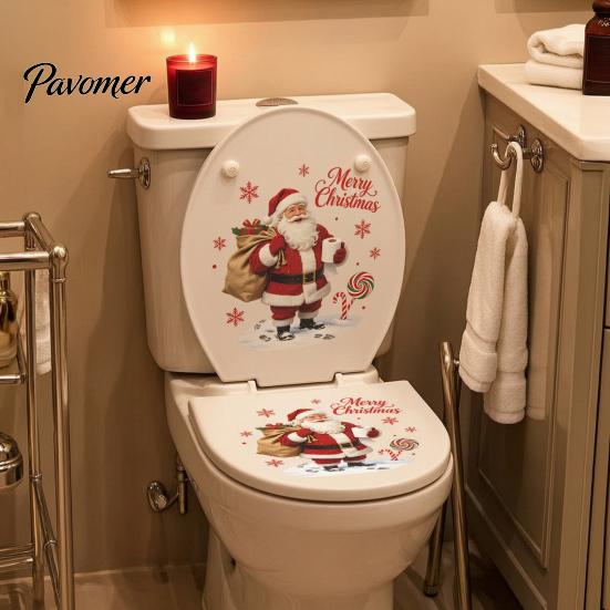 Christmas Party Bathroom Accessories Toilet Stickers, Funny Santa Claus Waterproof Lid Tank Seat Decals, Wall Decals Cistern Self-Adhesive Sticker,