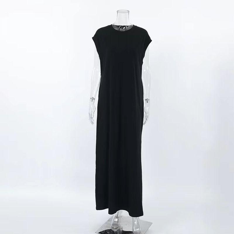 

Fashion Wind Casual Loose Pure Color Crew Neck Split Dress Loose round Neck Slit Dress Black S