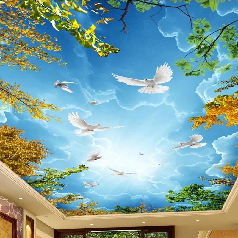 Ceiling Wallpaper 3d Blue Sky Clouds Tree Pattern Ceiling Mural Living Room Bedroom Hotel Natural Landscape Frescoes