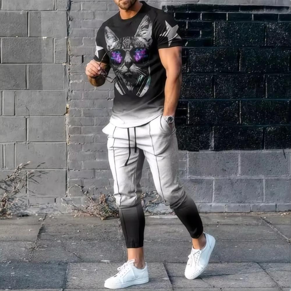 Sommermode Neues Herren-Hosen-Sportset 3D-bedrucktes gestreiftes Kurzarm-T-Shirt+Hose 2-teiliges Set Herren-Sportset