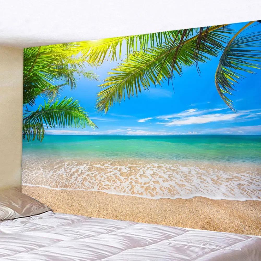 Seaside Coconut Tree Landscape Tapestry Nature Sea Art Ocean Beach 3D Print Wall Hanging Home Living Room Background Cloth Decor