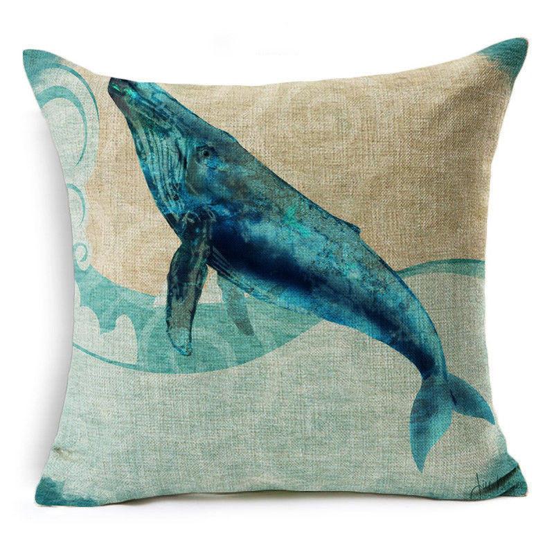 Exquisite 18" Blue Sea Animal Cotton Linen Cushion Cover For Stylish Living Spaces
