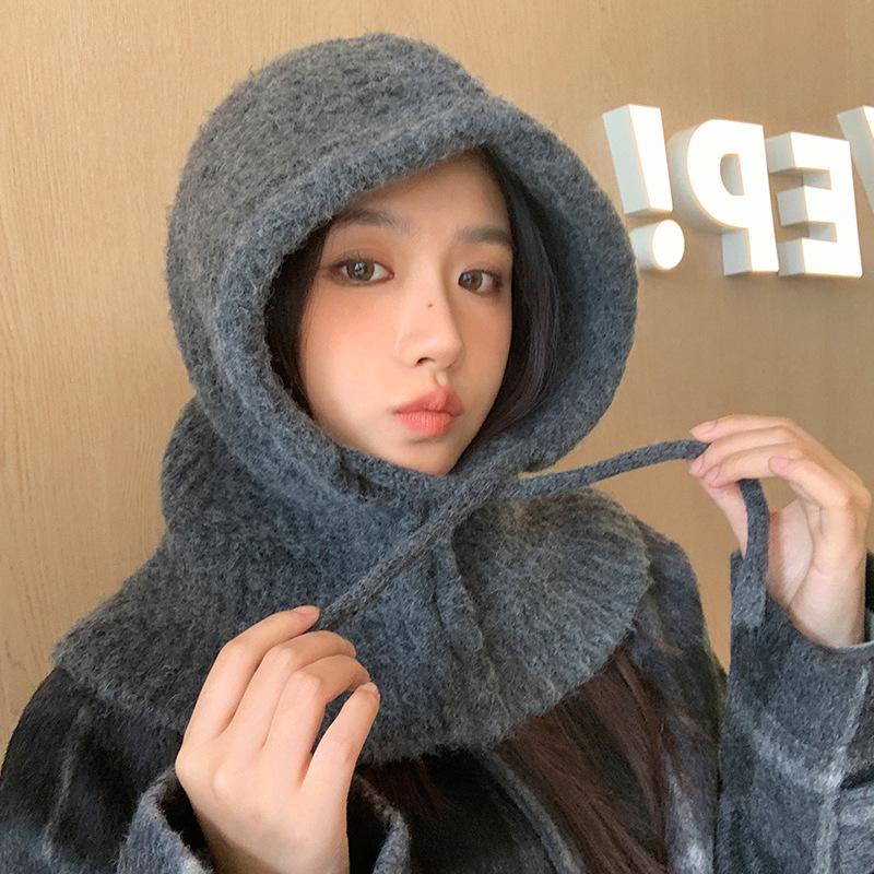 Autumn and winter hats women's fashion versatile balaclava hat scarf integrated warm knitted wool hat