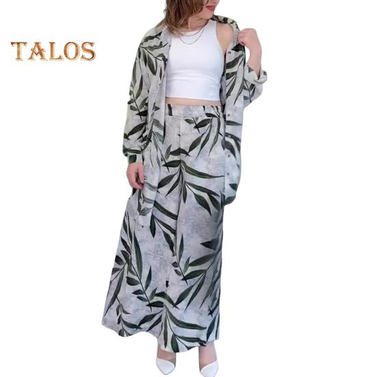 

Комплект из 2 предметов: женская рубашка и брюки, отложной воротник, однобортный, с принтом листьев, длинные рукава, свободный топ средней длины, эластичный пояс, широкие брюки, спортивные M темно-зеленого