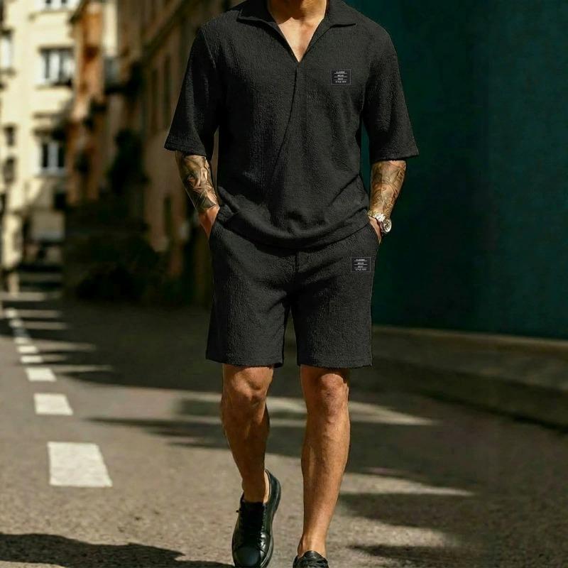 Mens Light Blue Terry Cloth Polo Shirt and Shorts 2-Piece Set