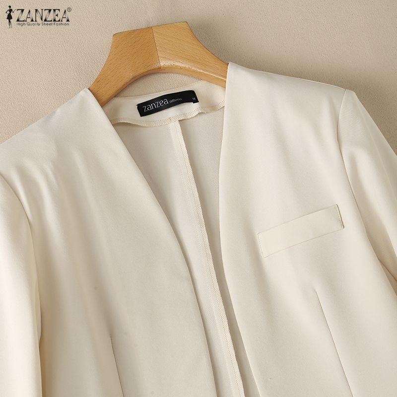 ZANZEA Women Elegant Cropped Blazer Long Sleeve Open Front Thin Short Jacket Office Lady Suit Coat