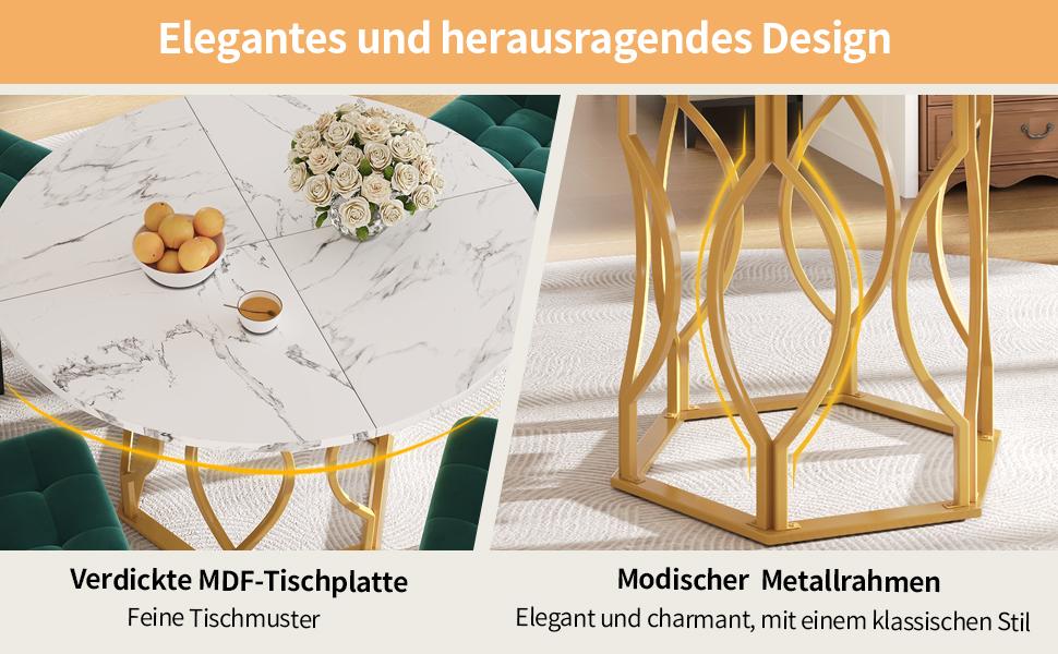 Esstischset (5-teilig), runder Esstisch mit 100 cm Durchmesser und goldenen Metallbeinen, weiße MDF-Tischplatte, Essstühle aus dunkelgrünem Samt