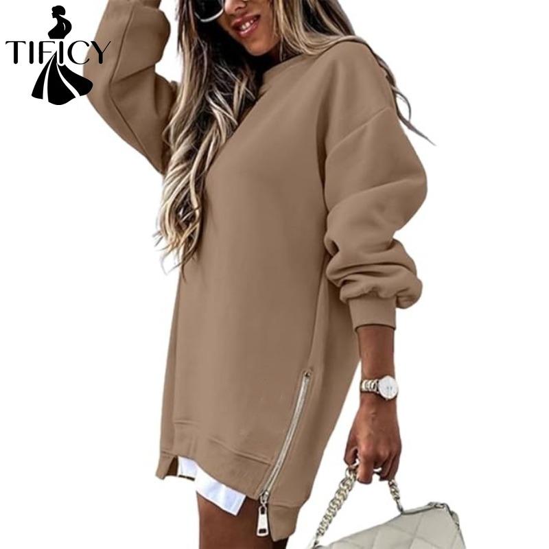TIFICY Pullover e maniche lunghe con scollo a maniche lunghe autunno inverno stampa tinta unita moda casual da donna