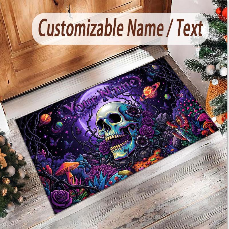 Totenkopf Gothic Thema Weicher Kristall-Samt Teppich Benutzerdefinierter Name & Text Druck Rutschfester Boden Teppich für Schlafzimmer Wohnzimmer