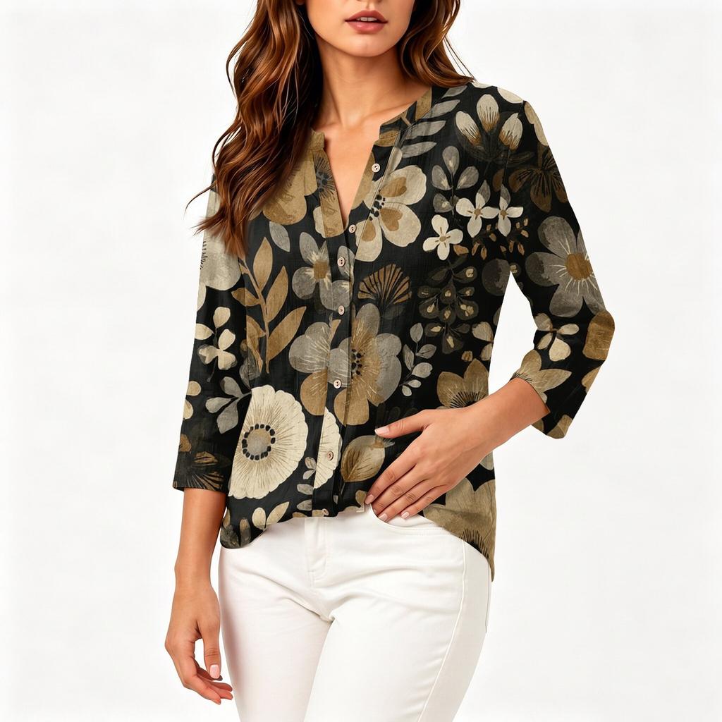 Women Cotton Linen Shirt Henley Button Neck Floral Print Three Quarter Sleeve Casual Blouse Lightweight Breathable Top