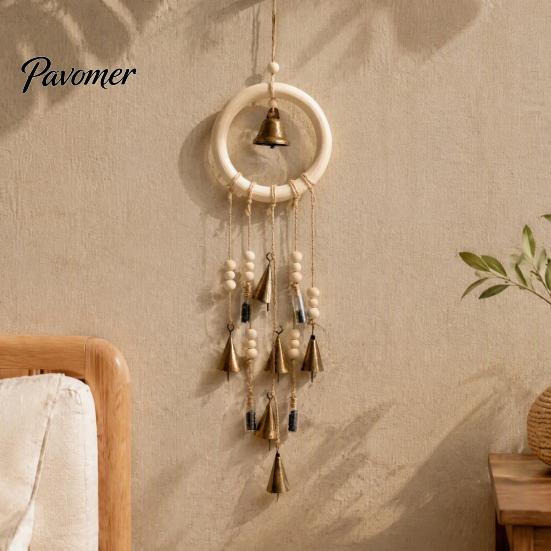 Natural Log Beads Hanging Ornament Vintage Metal Wind Chimes with Bells And Wishing Bottle, Rustic Witch Small for Windows Wood Ring, Bohemian