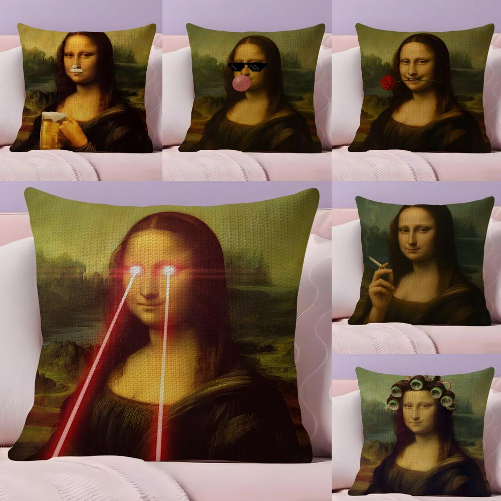 Modern Art Funny Mona Lisa Cushion Cover Natural Linen Pillow Case DoubleSided Print Decorative Sofa Pillowcase Home Decor Gift