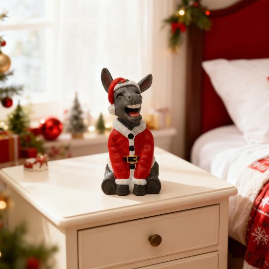 Christmas Santa Donkey Figurine Xmas Hat Donkey Resin Statue Sculpture Holiday Party Home Office Desktop Decoration Ornament