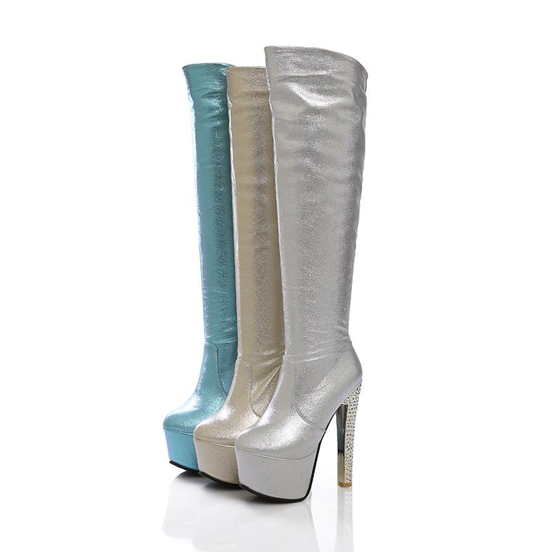 Módní platformové dámské kozačky nad koleno podzim zima luxusní flitrované kozačky nad koleno dámské vysoký podpatek modrá zlatá stříbrná párty obuv