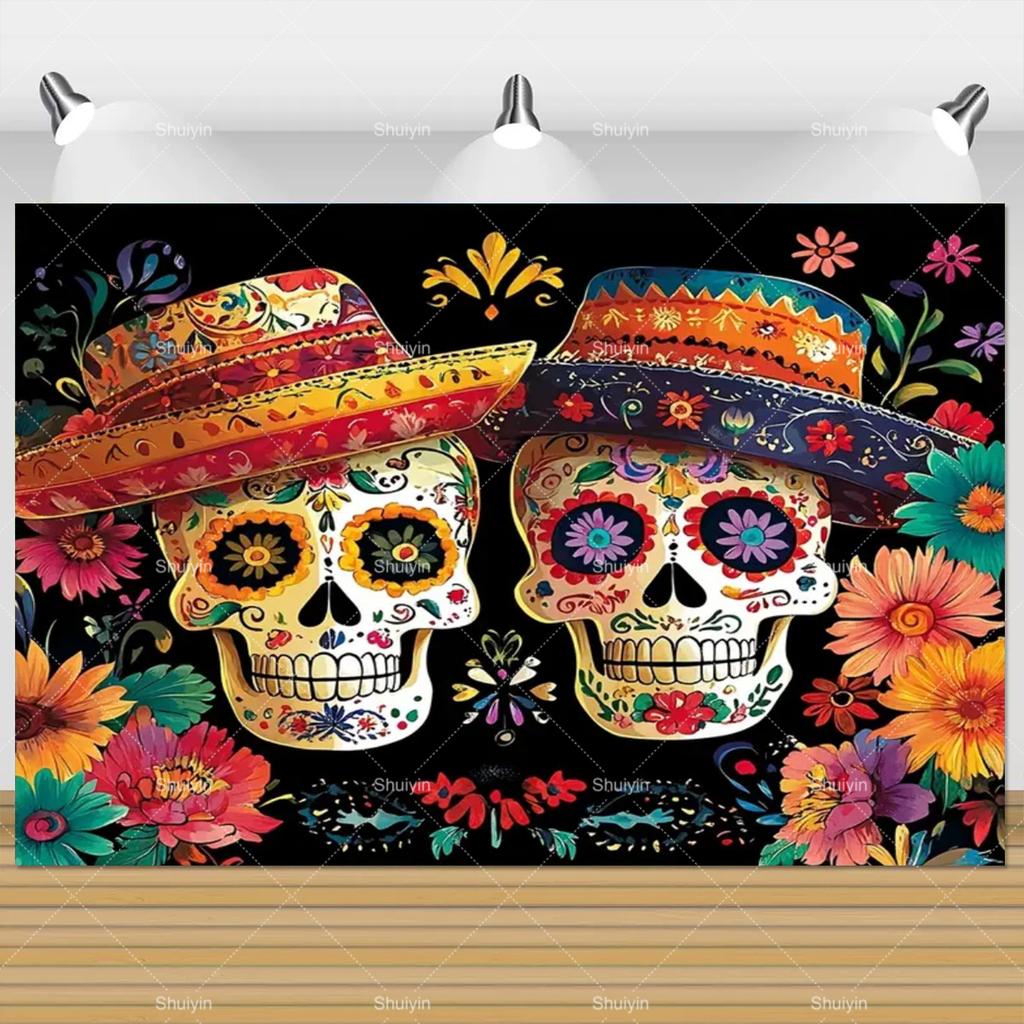 Tło Fotograficzne Dzień Zmarłych Czaszka Nagietek Meksykańska Fiesta Día De Los Muertos Dekoracja Artykuły Imprezowe Akcesoria do Studio Fotograficznego
