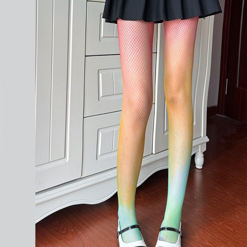 Sexy Regenbogen-Farbverlauf Bunt Fischernetz Strumpfhose für Damen Süßigkeiten-Farbe Hohl Spitze Jacquard Strumpfhose JK Strümpfe Leggings