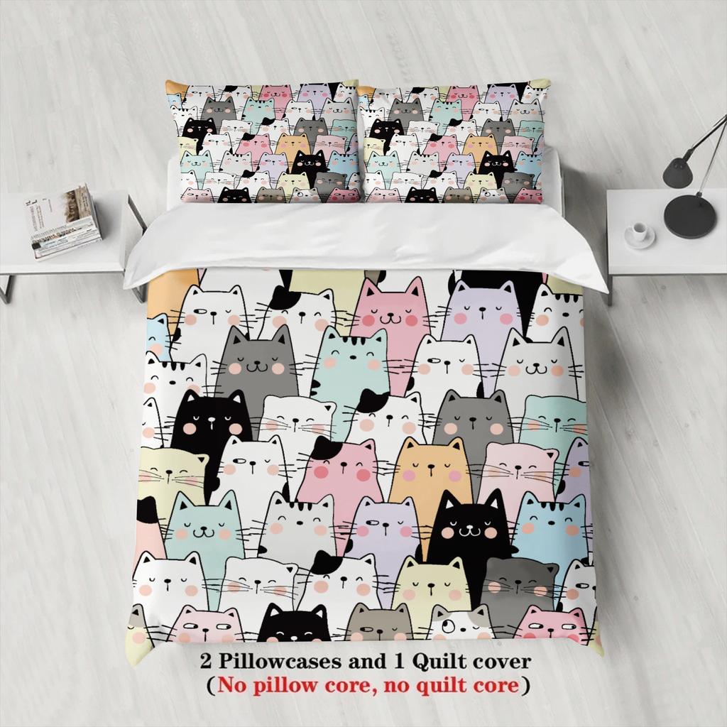 3pcs Cat Pattern Bedding Sets 3D Printed Cute Cartoon Cat Dormitory Twin Size For Students Duvet Cover Sets With 2Pillowcases