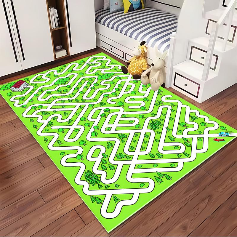 Green Maze Carpet with House and Trees Decorative Design Suitable for use as an anti-slip game mat for living room and bedroom sofas