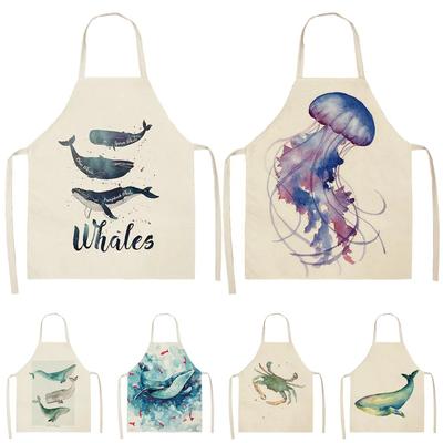 Ocean Animal Whale Jellyfish Pattern Cleaning Aprons Home Cooking Apron Cooking Linen Bibs Waist Baking Kitchen Aprons Delantal