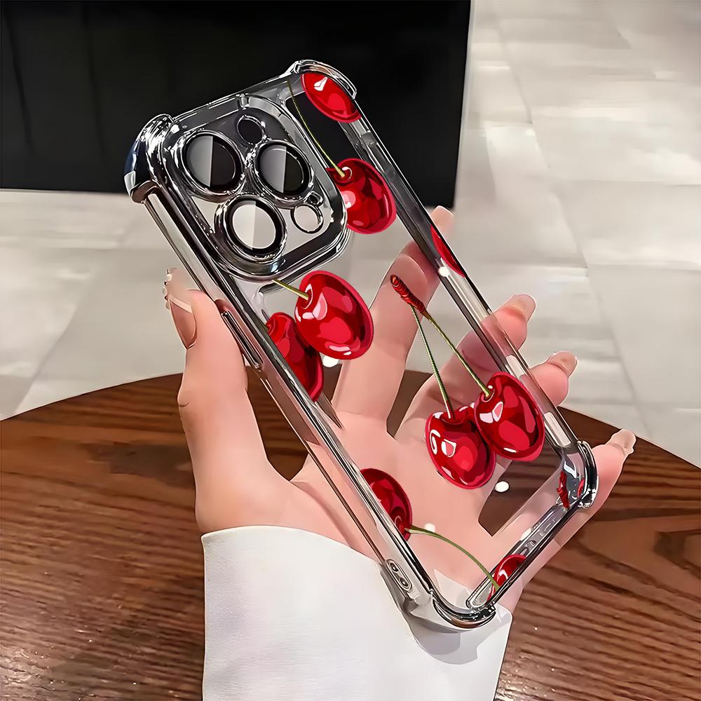 Fashion Cherry Pattern Electroplated AntiDrop Clear Phone Case For Samsung Galaxy S25 Ultra S24 S23 S22 S21 Plus FE Clear Cover