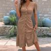 Summer Casual V Neck Short Sleeve Maxi Dress Women Beach Sundress Ruched Button Down Long A Line Swing Dress