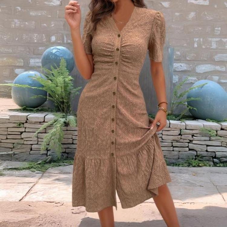 Summer Casual V Neck Short Sleeve Maxi Dress Women Beach Sundress Ruched Button Down Long A Line Swing Dress