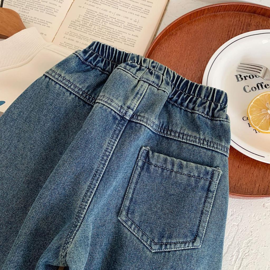 Children's Jeans 2024 Winter New Boys' Korean Style Simple All-match Baby Fleece-lined Trousers