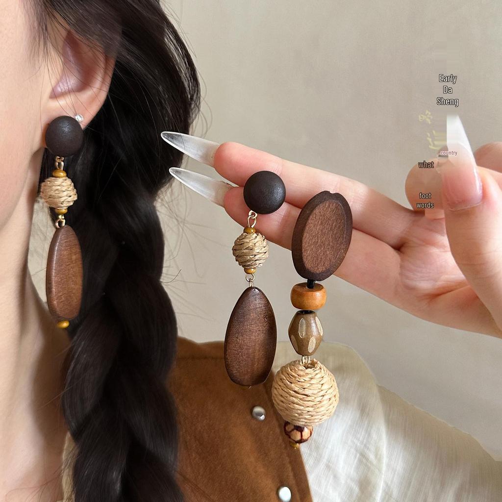 Forest Grass & Trees Wooden Woven Earrings: Ethnic Retro Hollow-Out Ear Jewelry for Women