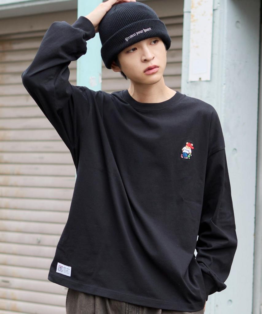 WEGO VISION Bear Long Sleeve Size Gift Men's Custom-Made One-Point T-Shirt, M, Black, Streetwear, Fall/Winter Clothing,