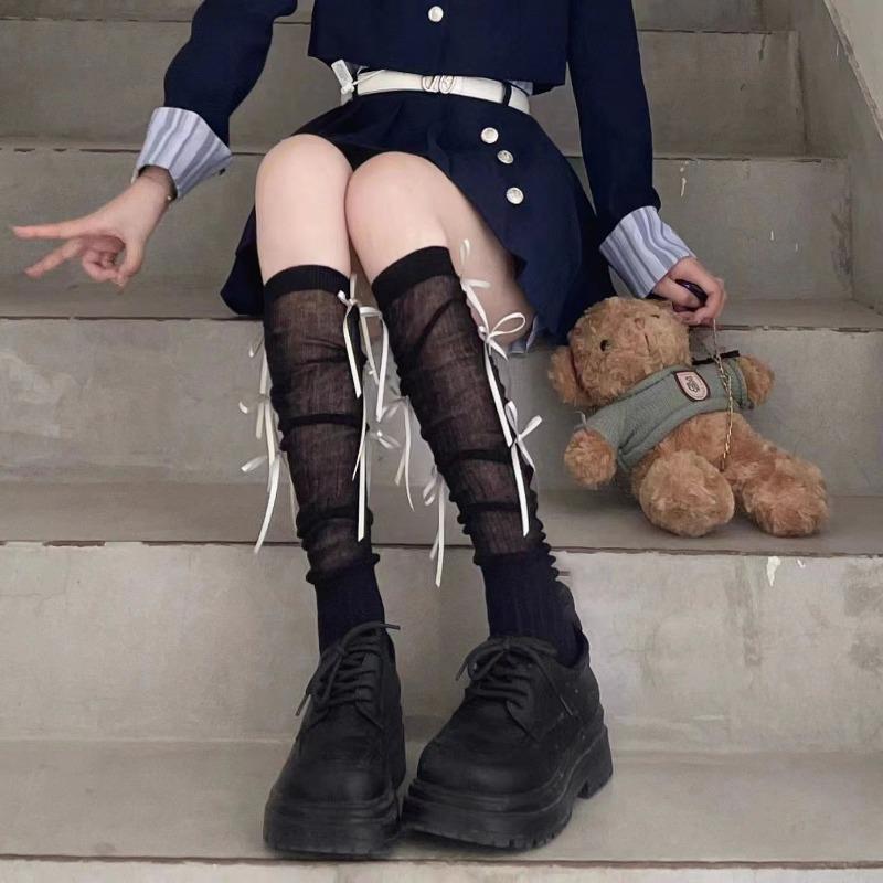 Ladies Spring and Summer Lovely Sweet Binding Bow Breathable Sweat Absorbent Calf Pile Socks