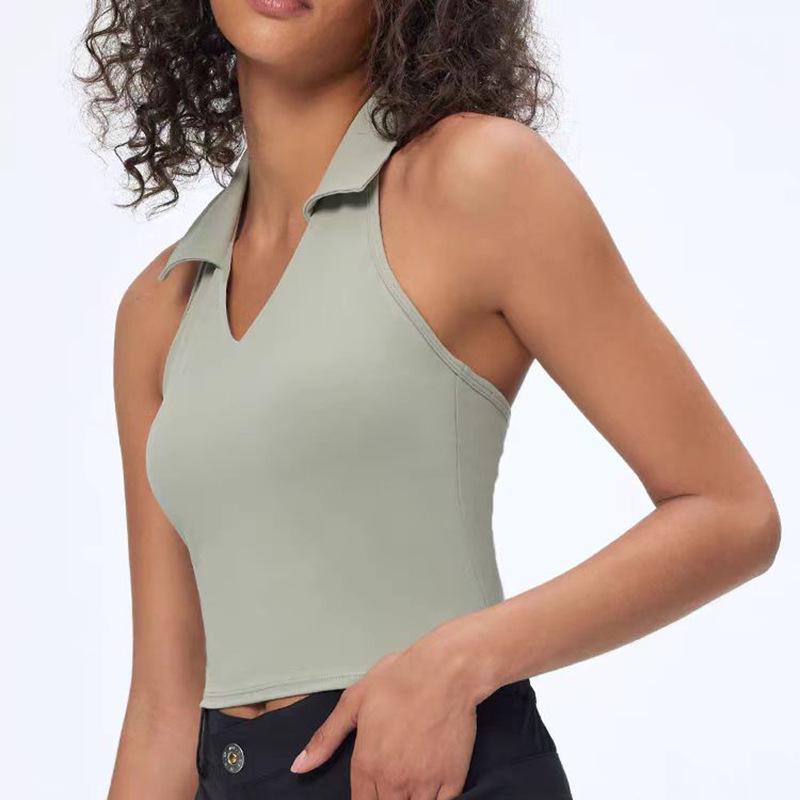 

Женская майка для йоги с воротником поло, открытой спиной и ажурным дизайном Small