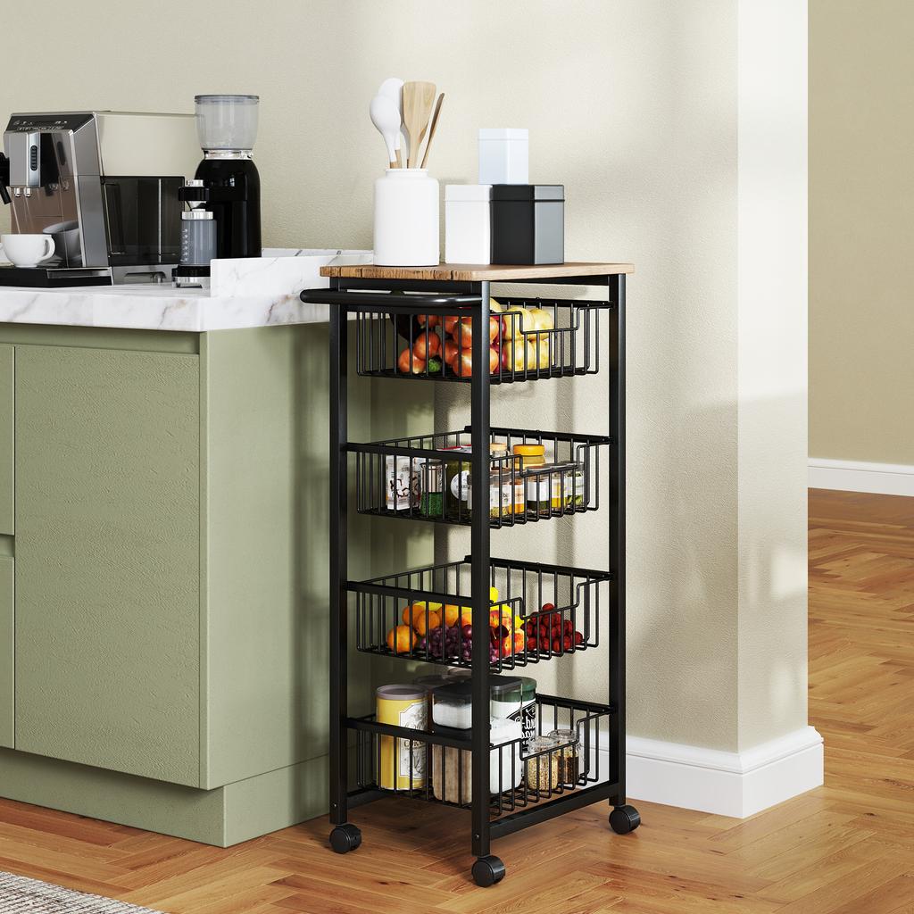 Four Basket Mobile Kitchen Island, with Brakes - Oak/Black