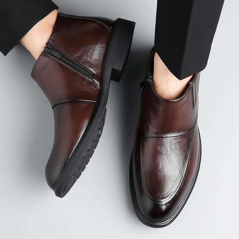 Men Comfortable Side Zipper Short Boots Autumn Winter New High Top Cowhide Formal Wear with Plush Warm Leather Shoe