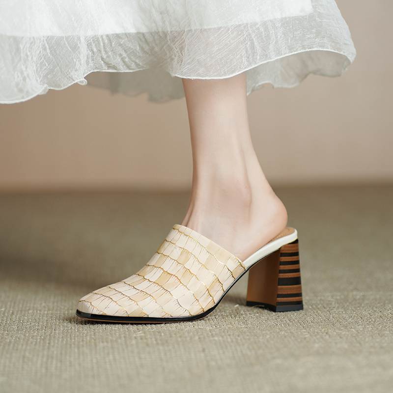 

Krazing Pot Mules Cow Skin Spring Summer Size 43 Size 42 Gingham Sandals Women Thick Heels Women Square Toe Slip on Pumps 43 абрикосовый