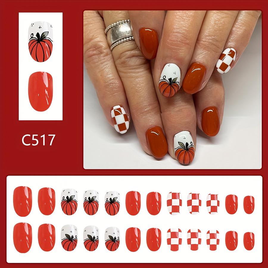 24pcs Halloween Pumpkin & Plaid Press-On Nails Set - Glossy Short Oval, Full Coverage Fake Nails In Vibrant Orange & White for Women and Girls