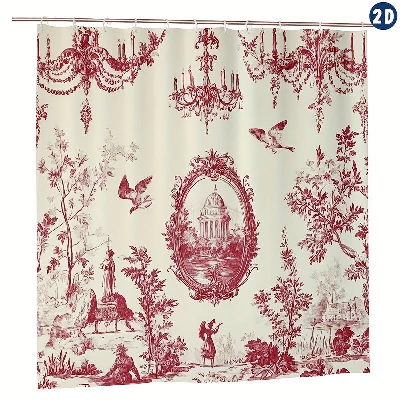 Elegant French Toile De Jouy Shower Curtain, Red Floral Chandeliers & Birds Design, Easy Clean For Bathroom Or Window Decor