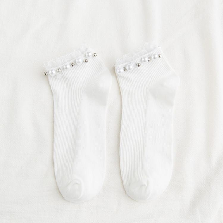 Летние и Осенние Носки-Лодочки Женские Кружевные Носки Японский Студенческий Стиль Носки с Бусинами Хлопковые Полоски Милые Женские Носки Низкие one size белый