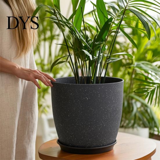 Durable Resin Planters for Garden Modern Plant Pot with Saucer, Gray Flower Portable Containers Patio Drainage Holes, Stone-Look Planter Indoor