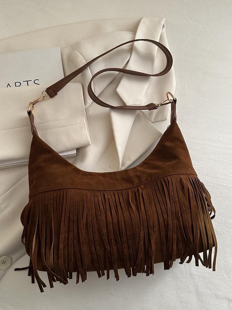 Women's Vintage Suede Tassel Crossbody Bag - Retro Frosted Shoulder Accessory for Autumn/Winter