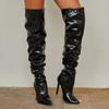 Women's Boots High Cylinder Black Zipper Thin Heels Over-the-knee Boots Classics Pointed Toe Patent Leather Pleated Women Shoes