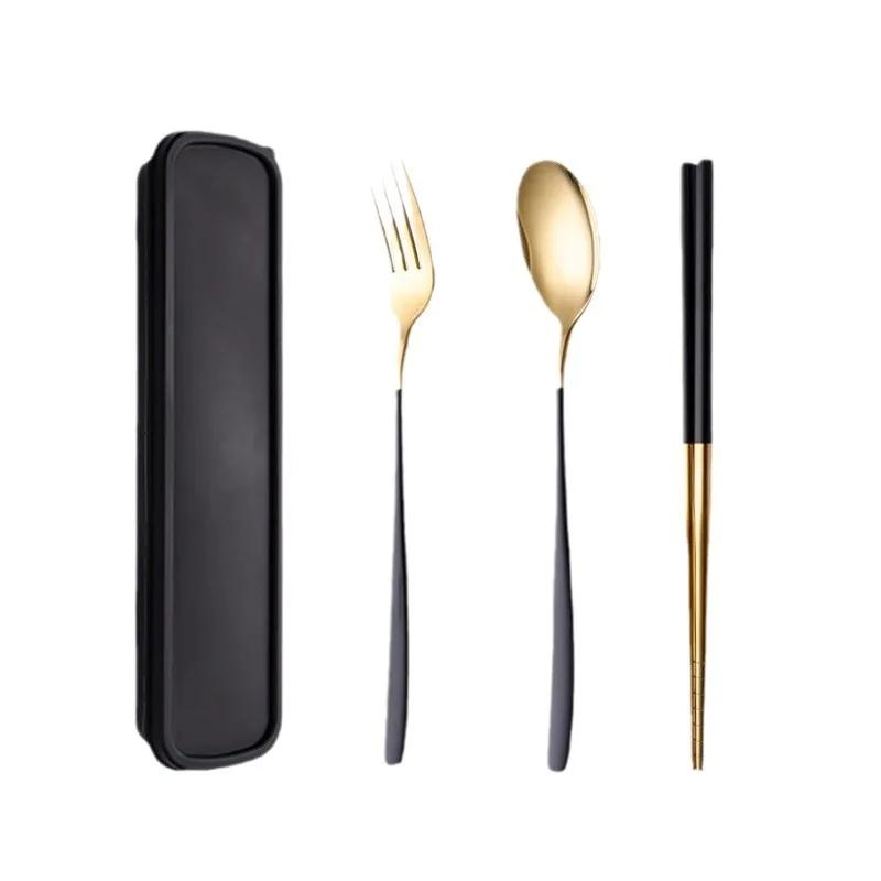 Edelstahl Besteckset Schlichtes Tragbares Geschirr Essstäbchen Löffel und Gabel Set mit Etui Bestecksets Küchenzubehör