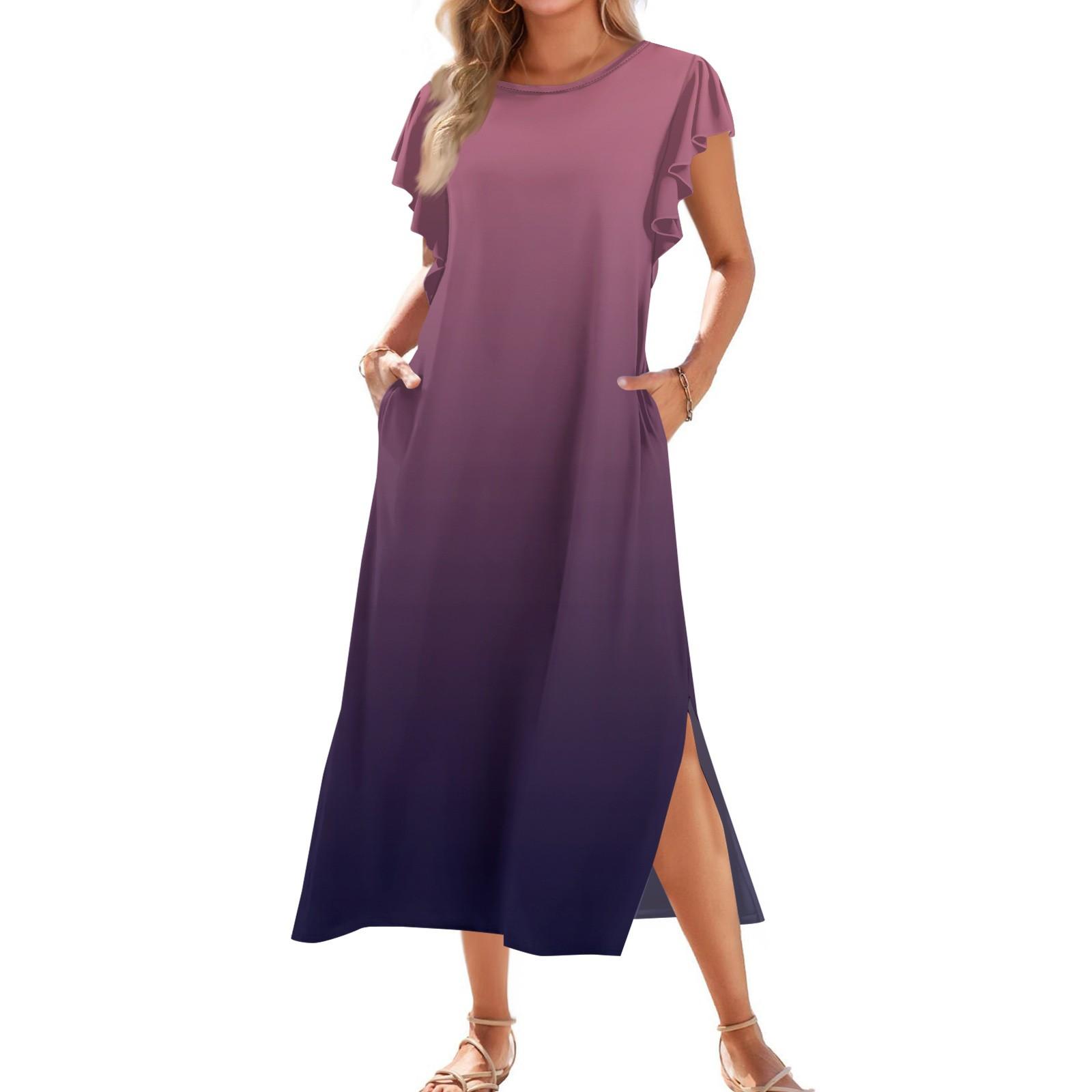 

Жіноча модна літня повсякденна сукня з плісованими рукавами, вільними короткими рукавами з градієнтним принтом, круглим галстуком, кишенею, пляжна L фіолетовий