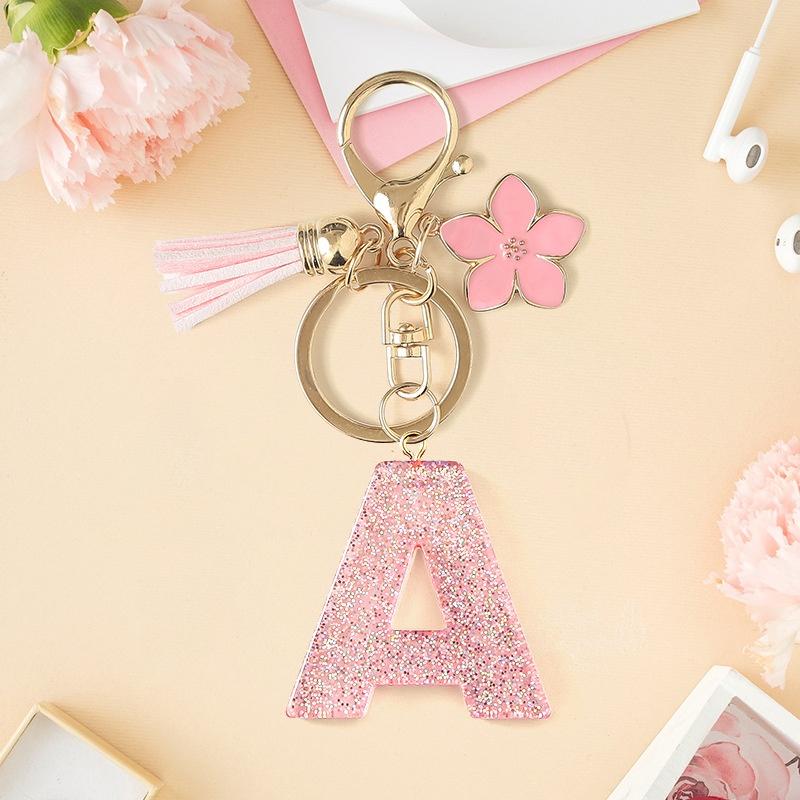 A-Z Glitter Pink Initial Letter Keychain Flowers Tassel Resin Car Keyring Women Girls Backpack Charms Accessories Year Gifts