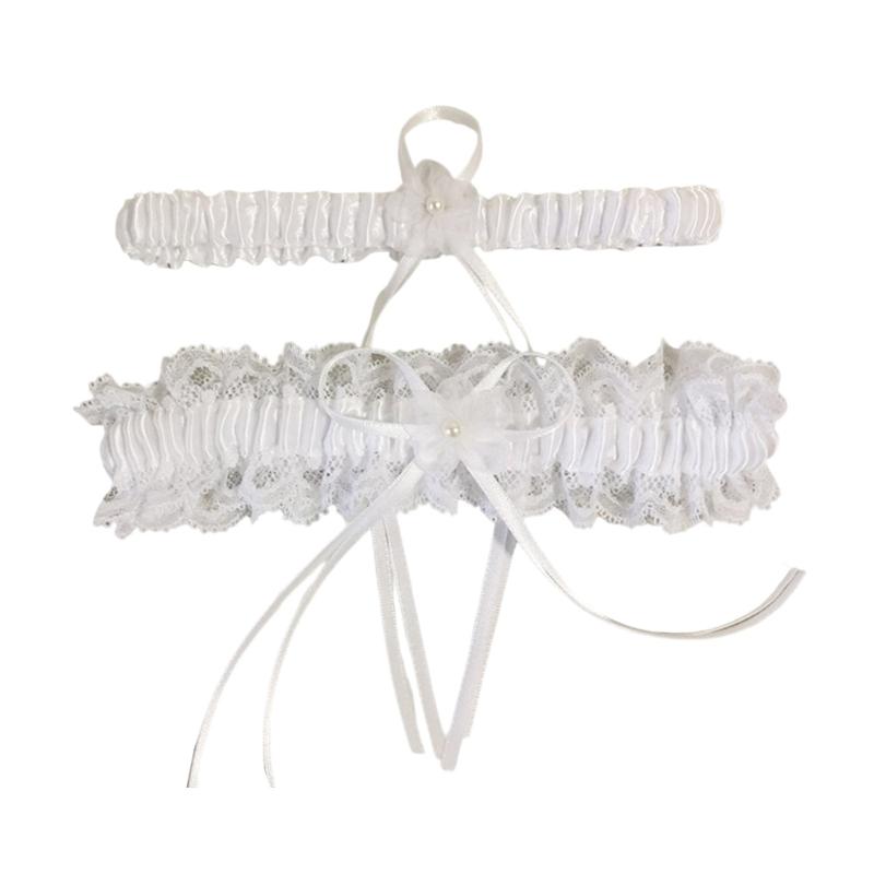 2Pcs Trimmed Lace Bowknot Bridal Garters Set for Engagement Party Accessory Gift